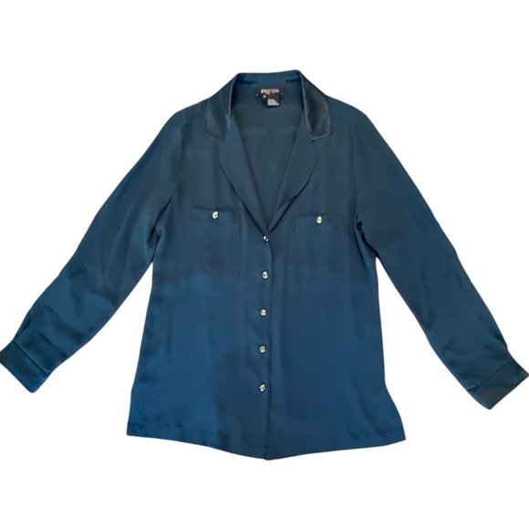 Etcetera by Carlisle Teal 100% Silk Button-Up Blouse Size 10/Medium MSRP $298 - Picture 2 of 13